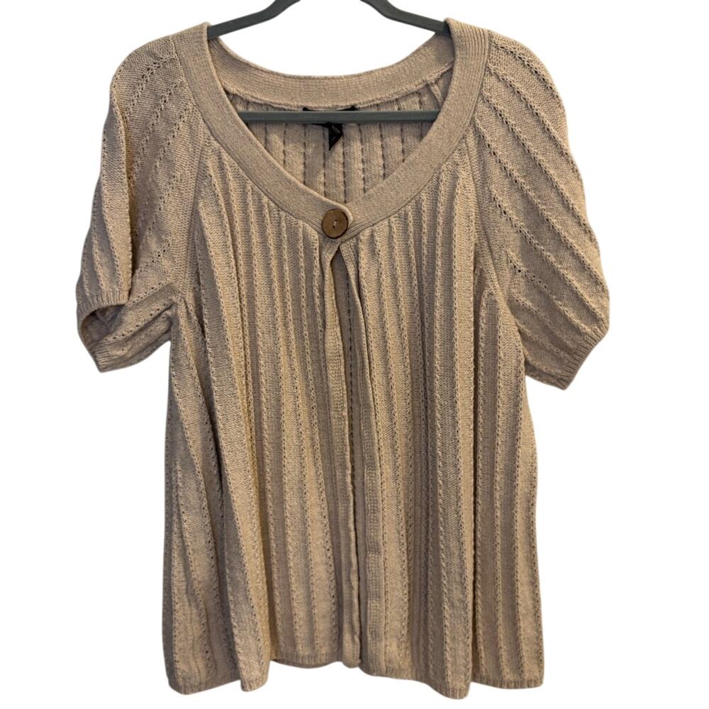 INC Size 3X Linen Blend Ribbed Short Sleeve One Button Sweater Neutral Beige